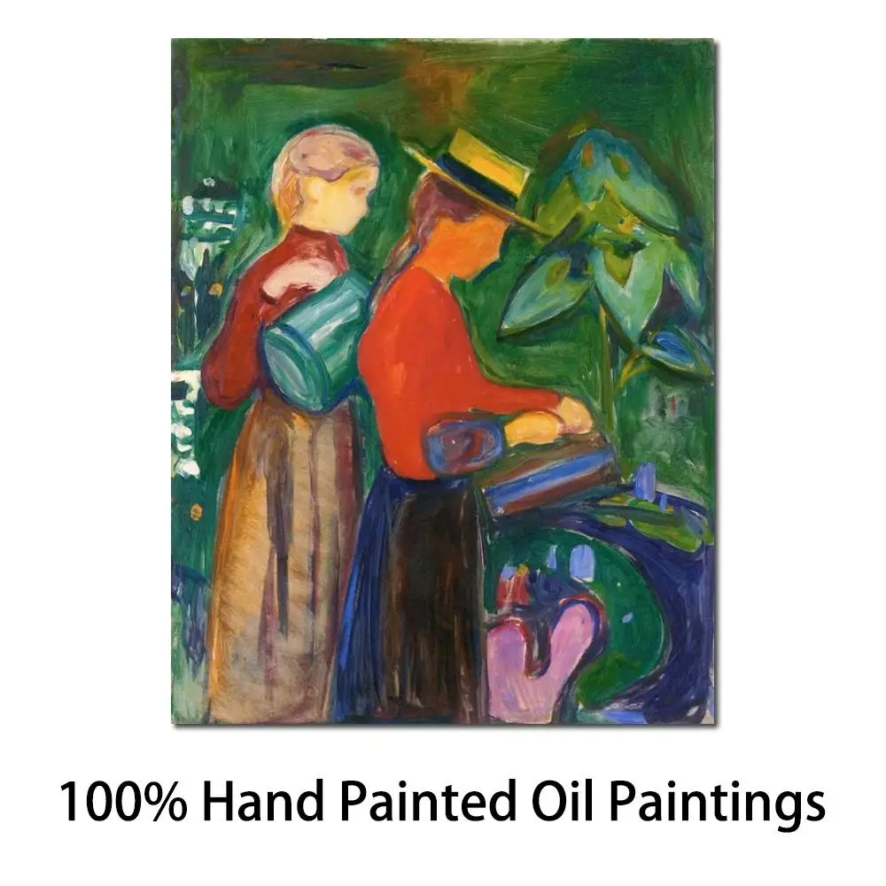 

Art Gallery Girls Watering Flowers by Edvard Munch Oil on Canvas Handmade High Quality