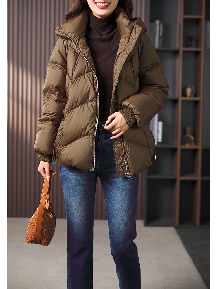 

Casual Hooded Duck down Jacket Women's Short Style Korean Version Loose Winter Outerwear Memory Fabric Pure Color Commute Wind
