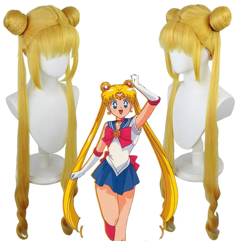 New Sailor Moon Tsukino Usagi długie kręcone blond peruka syntetyczna Cosplay z podwójnym kucykiem dla dziewczynki impreza przebierana peruka +