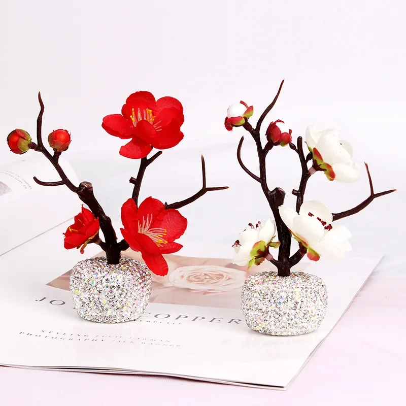 Creative Diamond-Inlaid Plum Blossom Branch Car Ornament Dashboard Decoration Gift Perfect Women Pink Auto Interior Accessories