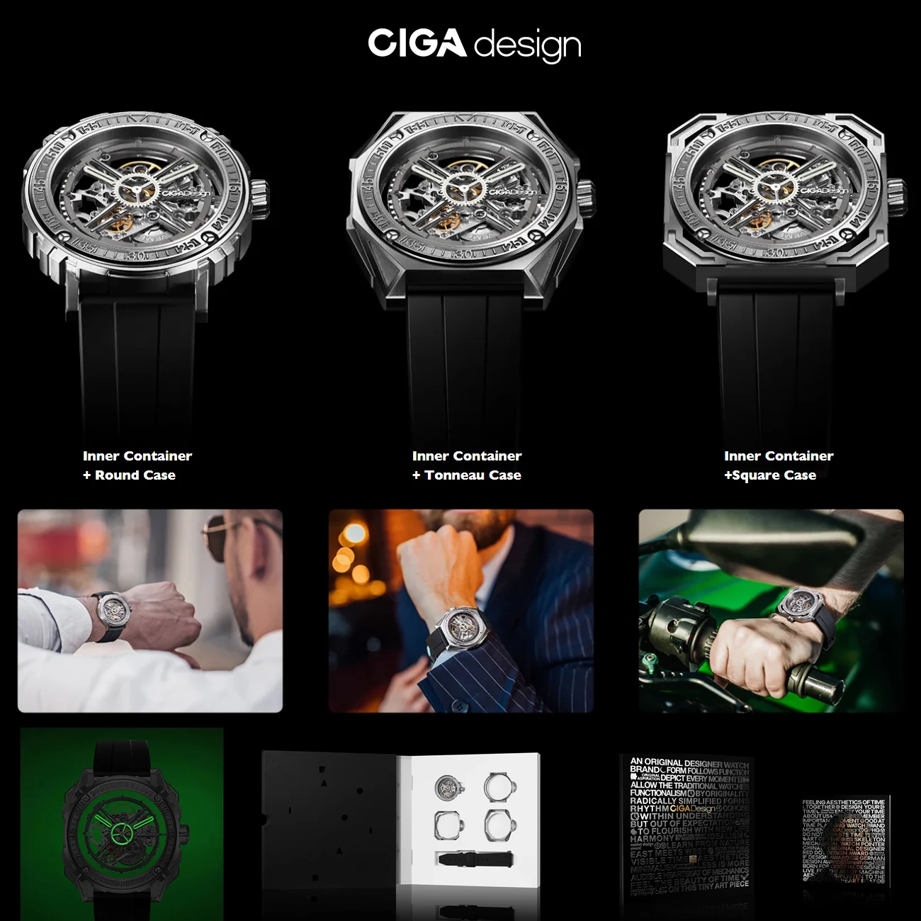 

CIGA Design 3 в 1, механические часы со скелетом для мужчин, светящиеся автоматические часы, серия Magician, стальной ремешок из фторкаучука 316L