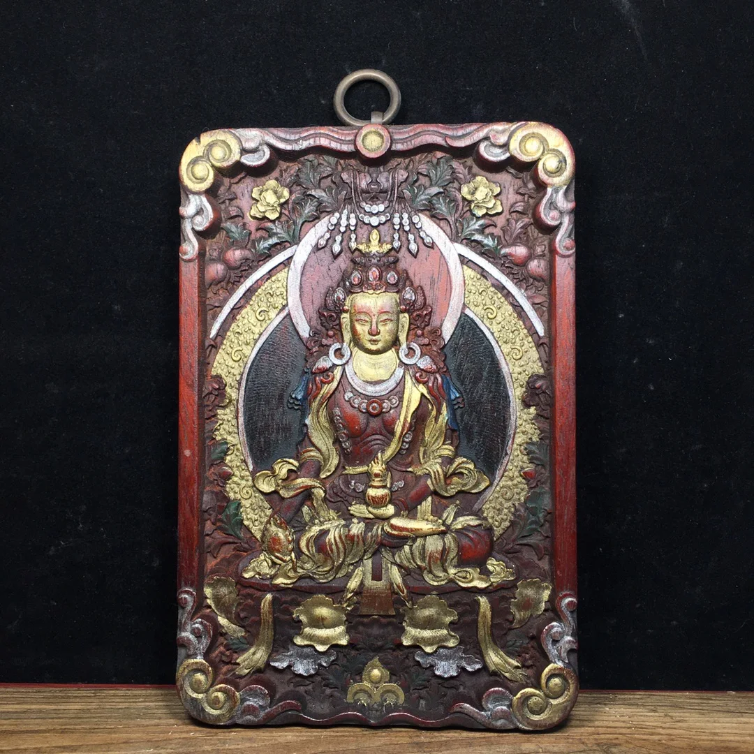 

8"Tibetan Temple Collection Old Rosewood Mounting Painted Vajra Tara Sitting Buddha Thangka Wall hanging Worship Hall