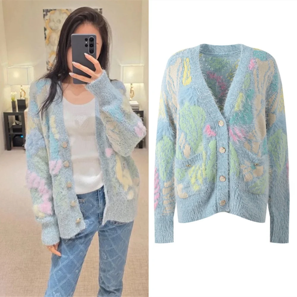 High-End European Sle Autumn Winter Floral Long Sve Knitted Sweater Coat Casual V-Ne Open Cardigan for Women