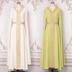 Ramadan Eid Evening Party Events Extra-Long Sleeves Golden Appliques Women Arabic Dress with Belt, Dubai Turkish Islamic Clothes