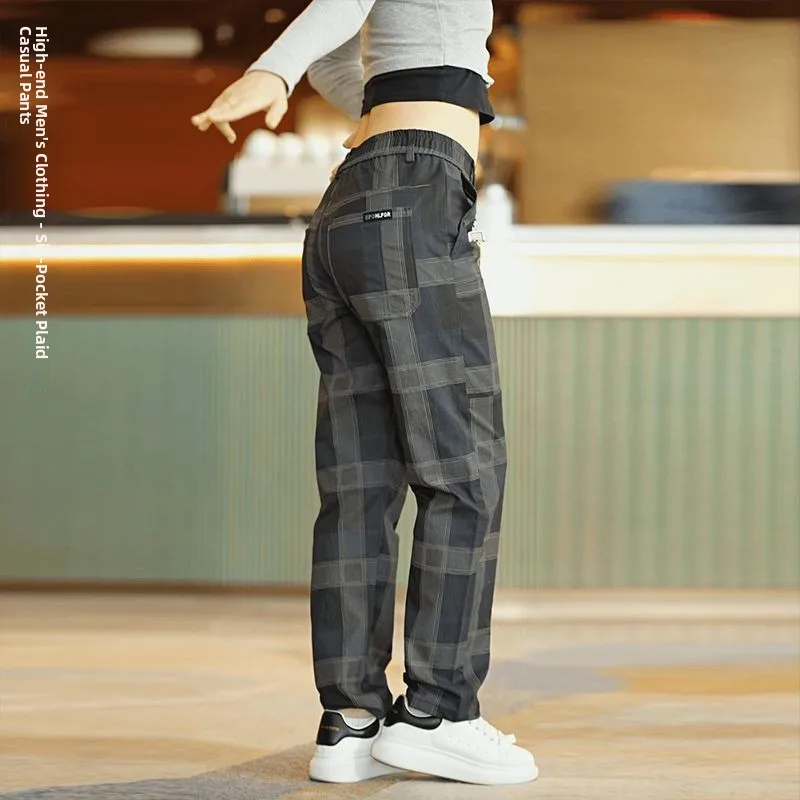 

Men's Plaid Casual Pants Spring Autumn Loose Straight Leg Elastic Waist Multi ket Faionable Large Size Trousers
