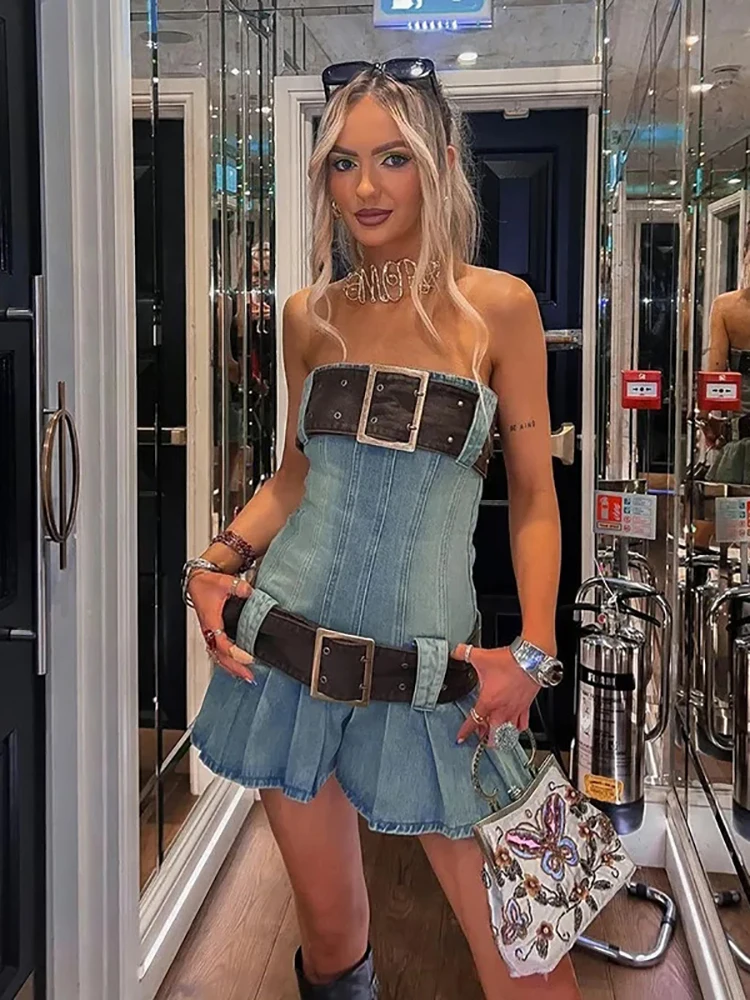 HOUZHOU Vintage Y2k Strapless Denim Dress Women Summer Bodycon Sexy Korean Fashion Kpop Belt Pleated Mini Dress 2000s Streetwear