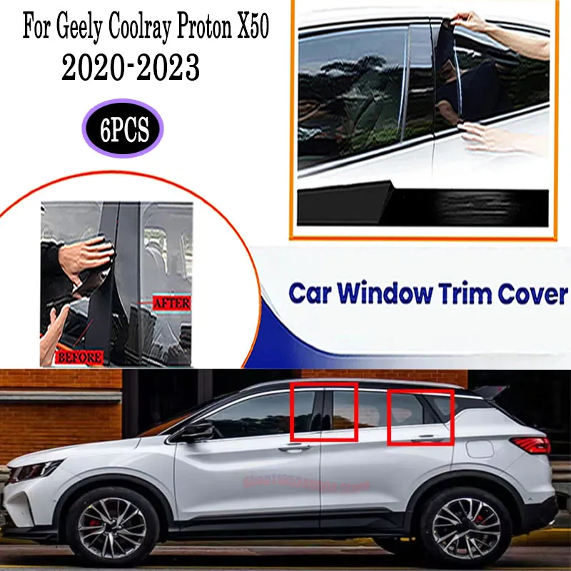 

6Pcs High Gloss Black Silver Carbon Window Pillar Post Cover For Geely Coolray Proton X50 2020-2023 Protective Trim OE Style Set