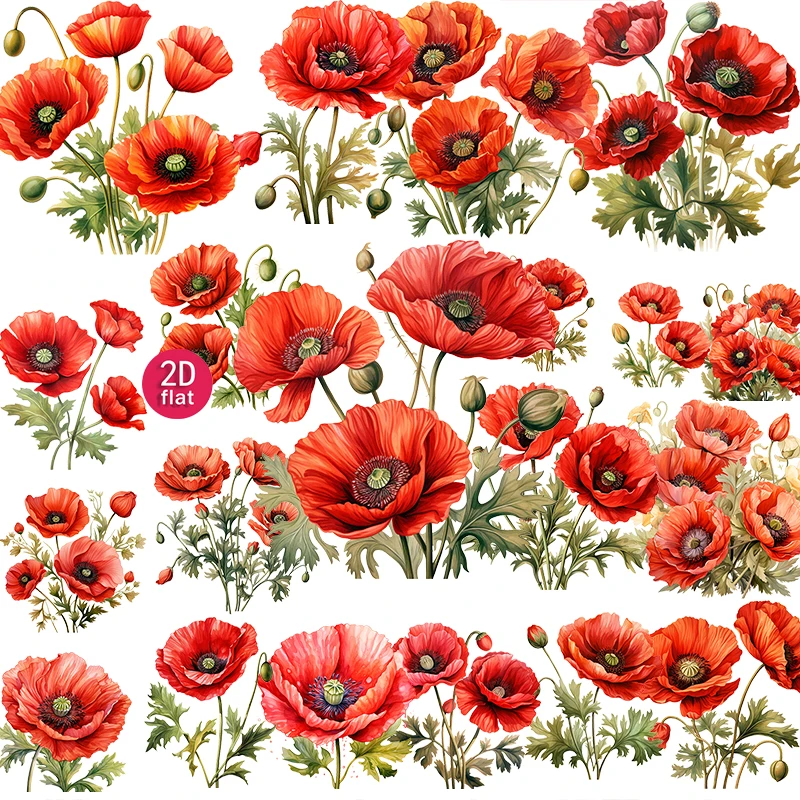 20 Stück 2D flache rote Mohnblumen-Aufkleber, Vintage-Ästhetik-Pflanzen-Aufkleber, geeignet für Tagebücher und DIY-Scrapbook-Aufkleber