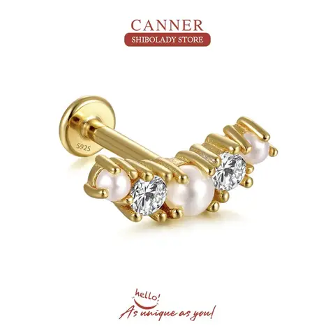 CANNER 1Pc 925 스털링 실버 진주 시리즈 귀걸이 여성용 스터드 귀걸이 16G 스레드 피어싱 18K 골드 웨딩 파인 쥬얼리