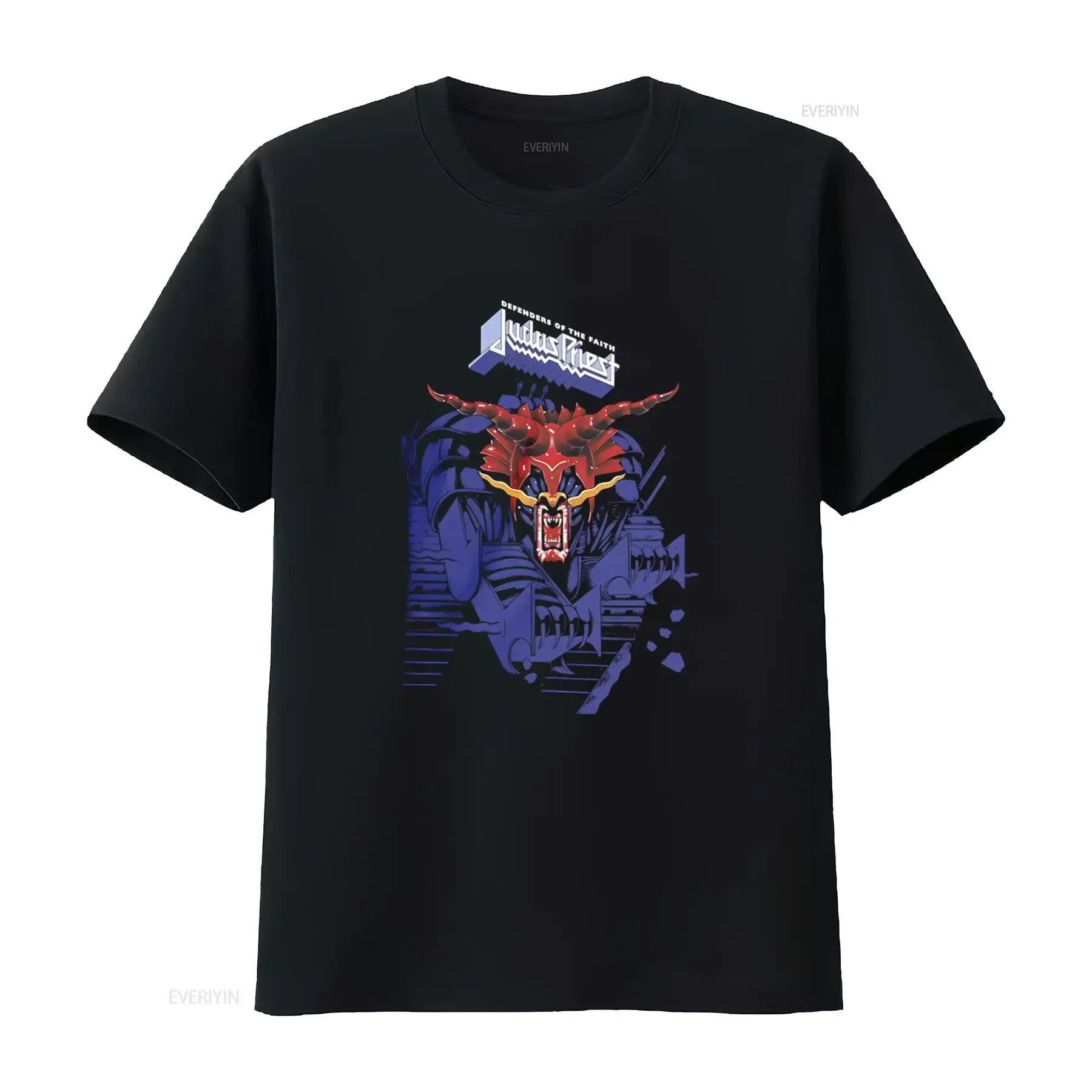 Judas Priest Defenders Of The Faith Blue Black T Shirt Rock Band Merch New vintage Washed Casual homme Soft Comfortable