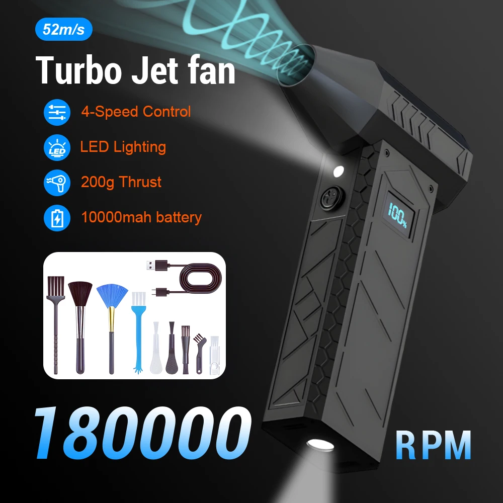 New 180000RPM Mini Turbo Jet Fan Electric Air Duster Adjustable wind speed Turbo Violent Blower Rechargeable &Light Car Cleaning