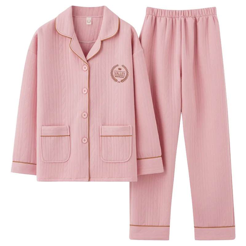 Thick Cotton Pajamas Long Sleeve Pure Cotton Warm Cardigan Set for Middle-Aged Women Home Clothes Air Cotton Sleepwear
