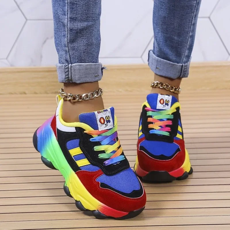 

Women's Platform Sneakers Sports Shoes Rainbow Lace Up Multicolor Vulcanize Shoes for Women Street Casual Running Shoe Footwear