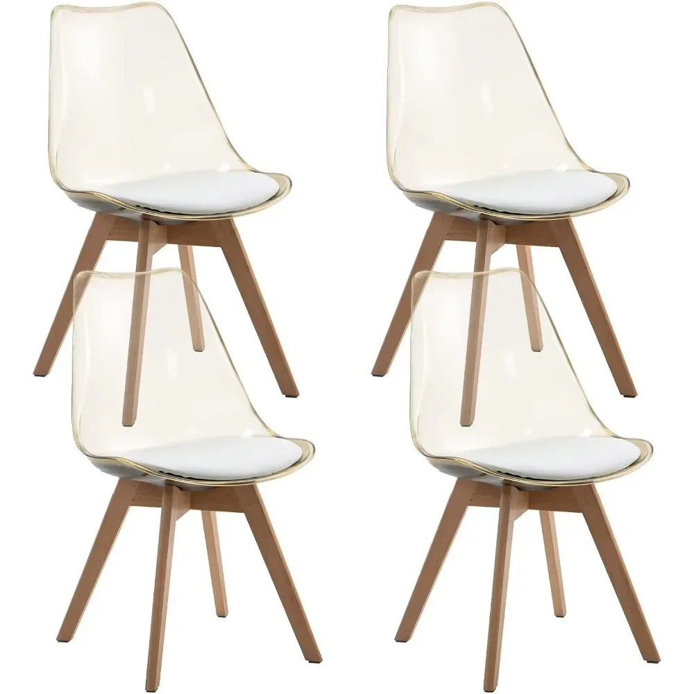 Dining Chairs Set of 4, Modern Kitchen Clear Acrylic Accent with PU Leather Cushions Seat, Solid Beech Legs, Dining Room Chair