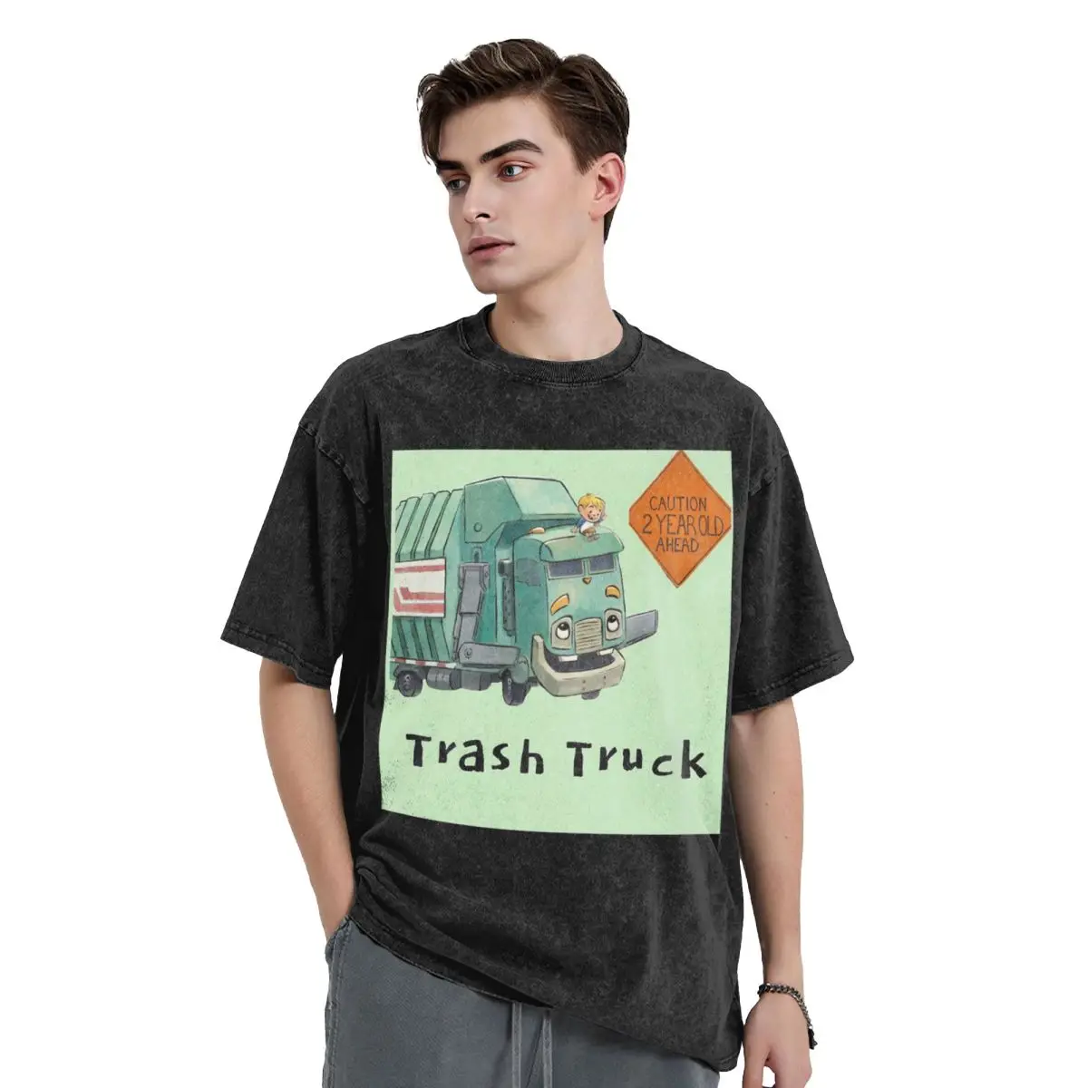 Trash Truck Cartoon Netflix Washed T Shirts Harajuku Short Sleeve Hip Hop T-Shirt Streetwear Tops Tees for Men Women