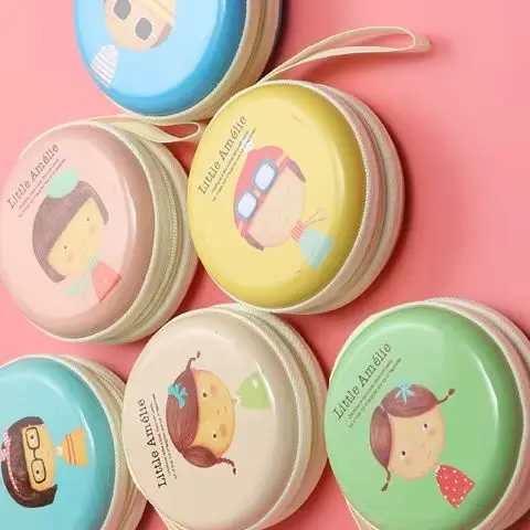 

1PC Creative Circular Coin Wallet Cartoon Girl Storage Box Earphone Cable Mini Zipper Bag