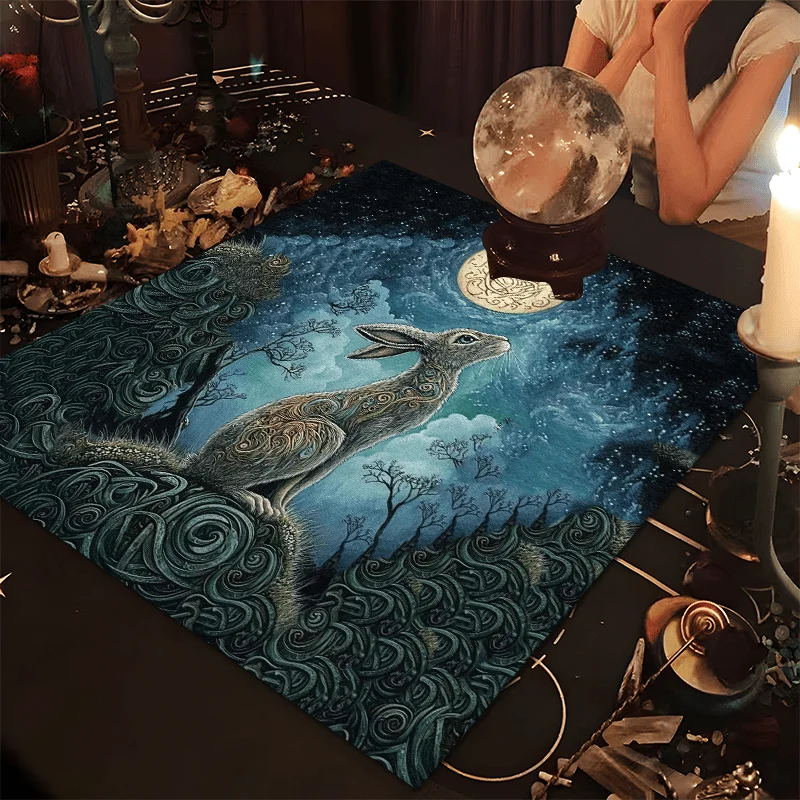 1pc Enchanted Moonlit Hare Tablecloth, Mystical Astrology & Cards, Celestial Animal Square Table Cover Spiritual Divination