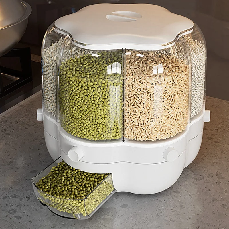 Home Food Container Rotatable Rice Barrels Sealed Cereal Dispenser Kitchen Food Storage Container White