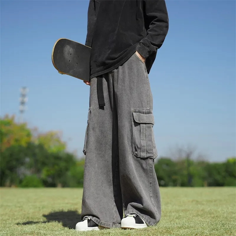 Solidne dżinsy w stylu Harajuku Hip-hopowe w stylu Vintage pantalon duże kieszenie homme szerokie nogawki workowate dżinsy mężczyzn Streetwear