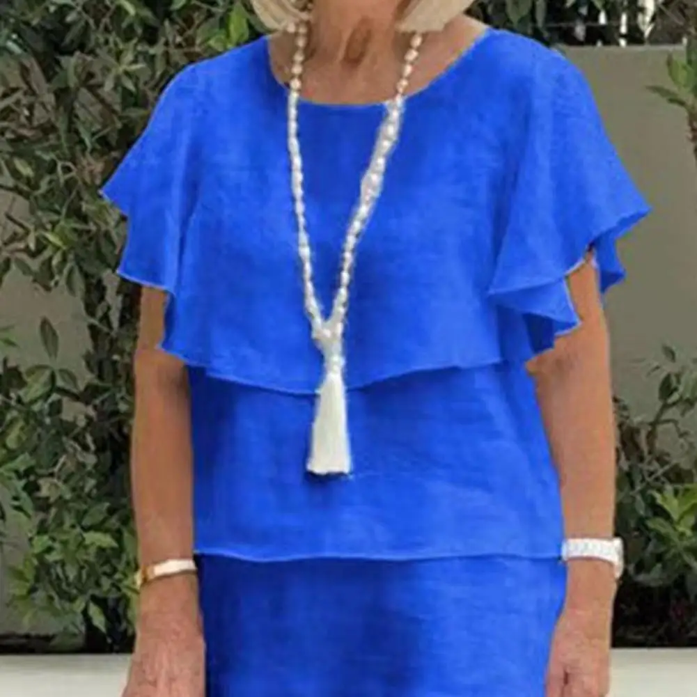 فستان نسائي متوسط الطول وأكمام مكشكشة ورقبة دائرية بلون سادة فستان ميدي للسيدات على طراز OL فستان شاطئ فضفاض غير رسمي للسيدات