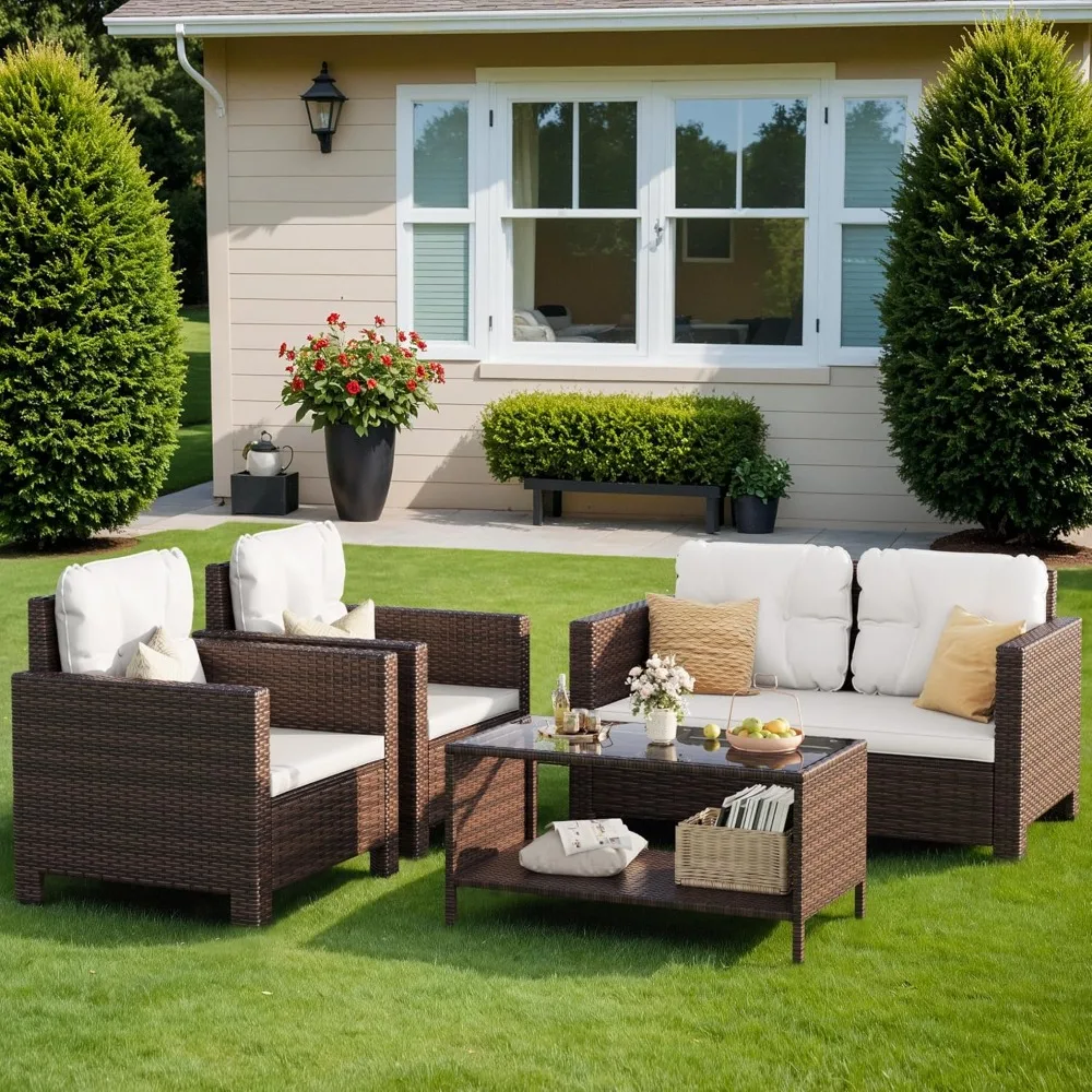 

4 Pieces Patio Furniture Sets Rattan Chair Wicker Conversation Sofa Set, Outdoor Indoor Backyard Porch Garden Poolside