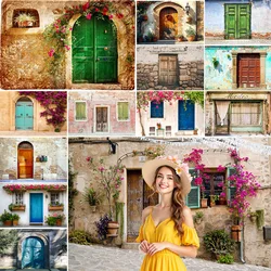 Old Spanish Italy House Door with Potted Flower Photography Background Photozone Courtyard Vinyl Photo Backdrop for Photo Studio