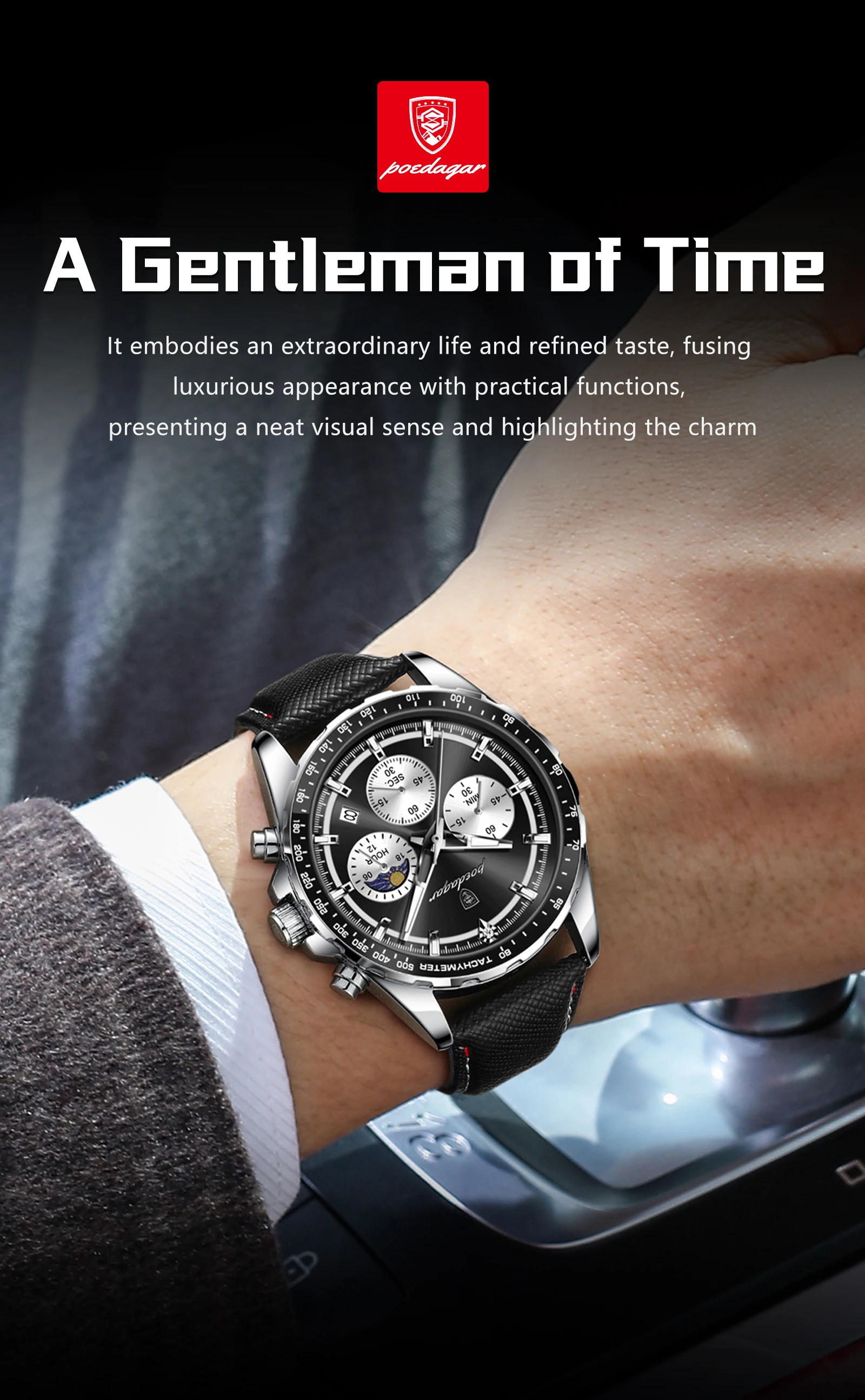 POEDAGAR Top Original Herrenuhren Leuchtend Wasserdicht Modische Männeruhr Leder Chronograph Datum Quarz Sport Herren Armbanduhr – Detail 14