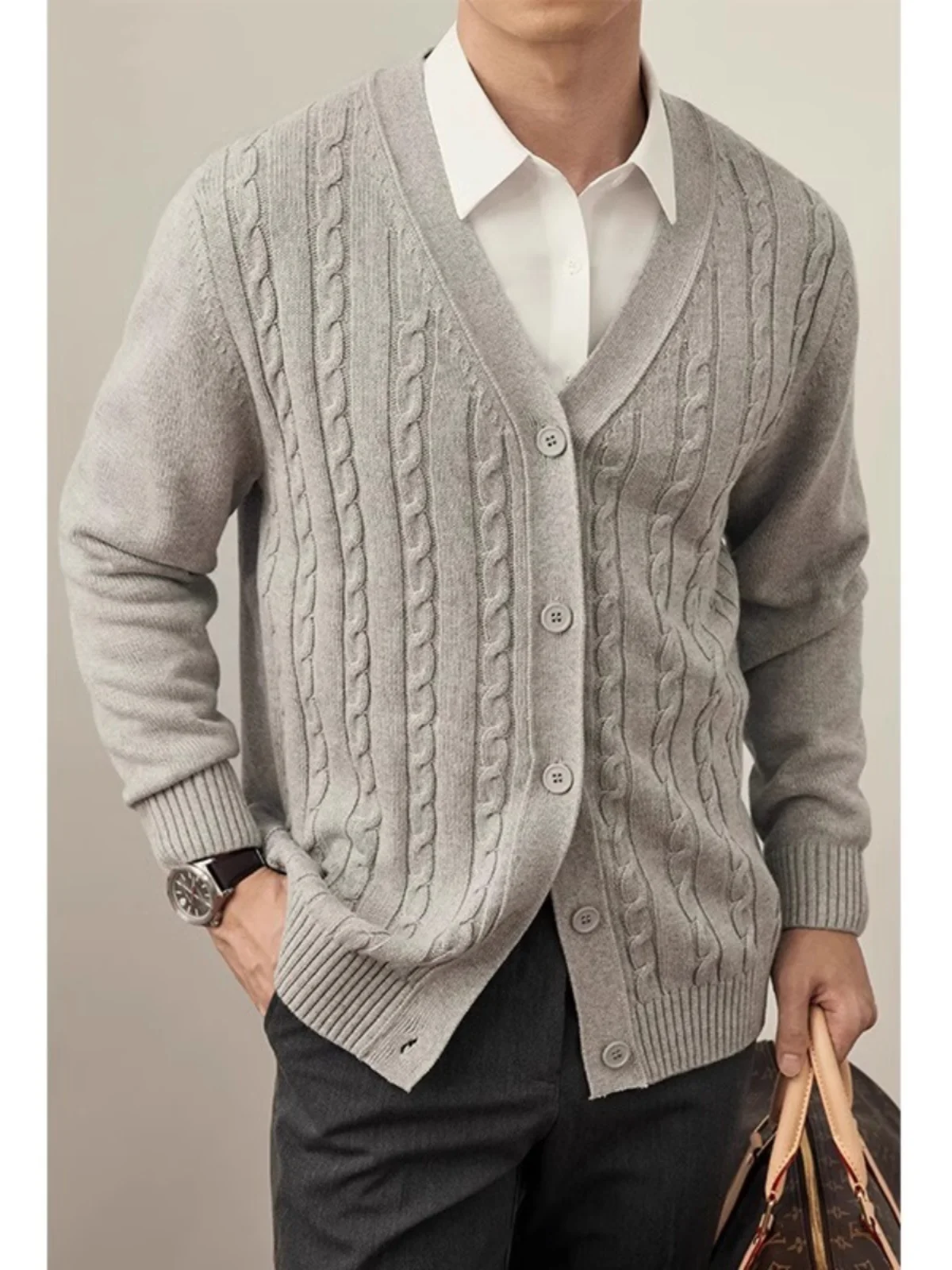 

Autumn Winter Open Cardigan Men's Faion Slim Pure Color Simple Long Sve Twist Flower V-ne Knitted Wear Busin Casual