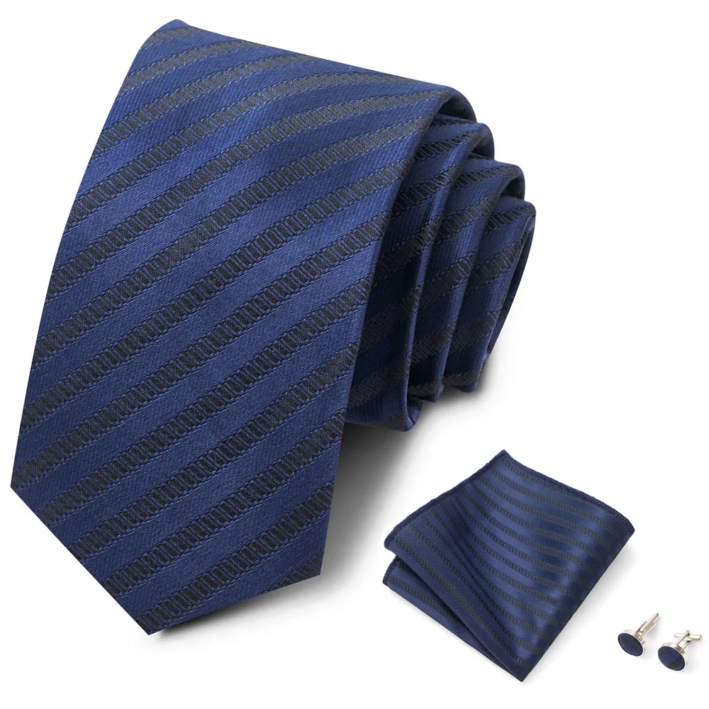 Hochwertiges 8-cm-Krawatten-Einstecktuch-Set für Herren, schwarz, blau gestreift, Hochzeitsgeschenk, Krawatte, Anzug-Accessoires, passend für den Arbeitsplatz – Detail 12