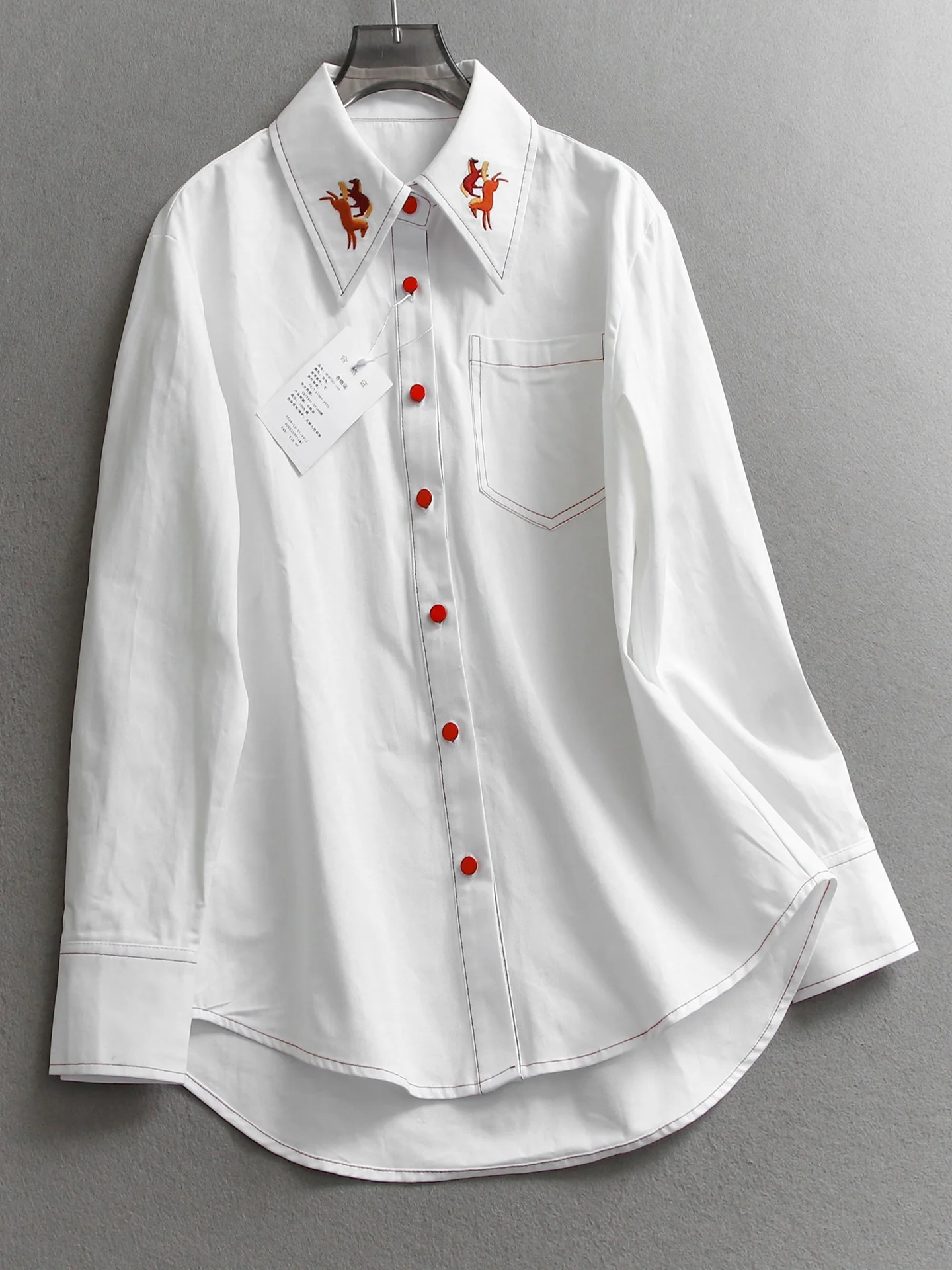 

Spring 2026 Women's Casual Style Long Sleeve Shirt Embroidered Loose Fit 3D Tailoring Slimming Effect Cotton Blend