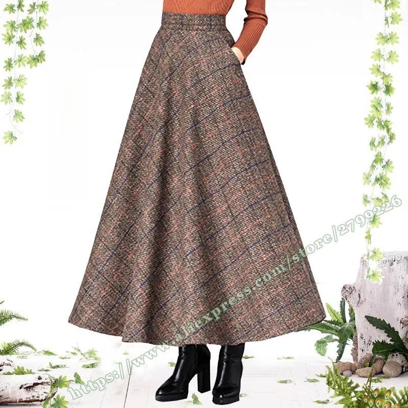 

2024 Winter Fashion Vintage Retro Style Female Plus Size Brown Grid Plaid Casual Elegant Woolen A-line Ladies Skirts Womens