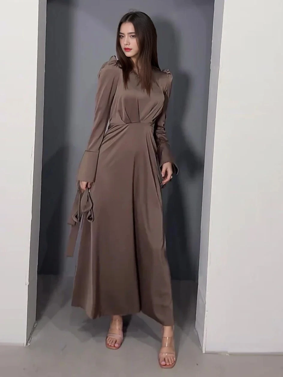 Eid Muslim Dress for Women Puff Sleeve Belt Satin Long Dresses Abaya Ramadan Lace-up Abayas Kaftan Dubai Arab Modest Long Robe