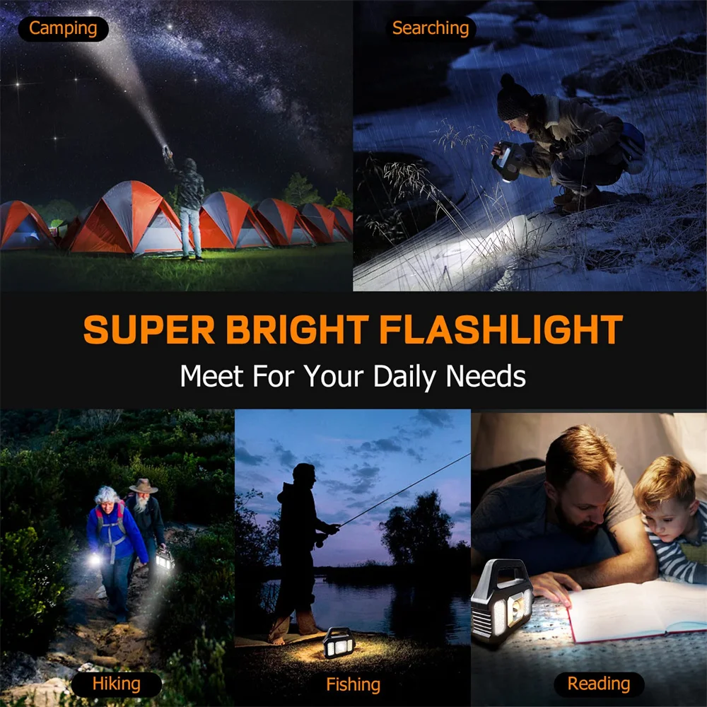 Solar Flashlight Waterproof COB LED Torch Brightly Light Portable USB Rechargeable Powerful For Home Camping Hiking Lighting