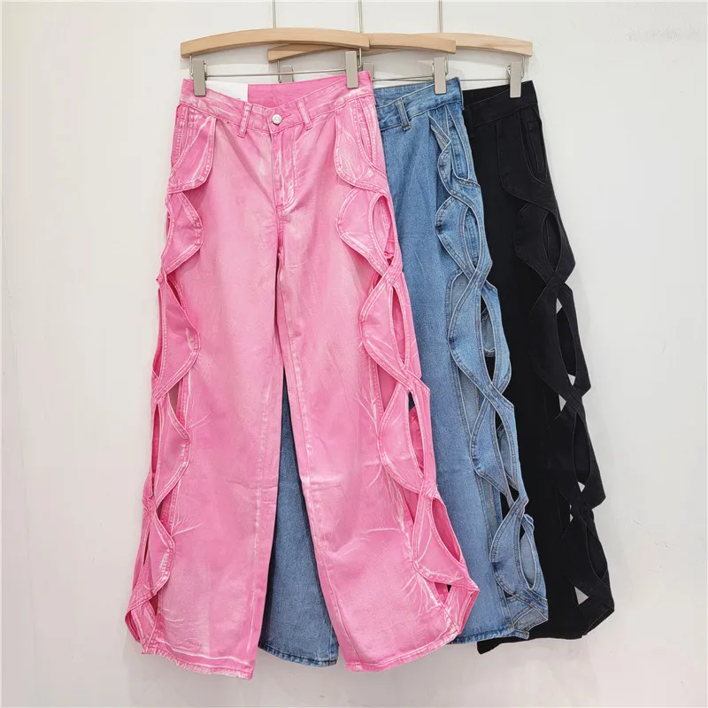 

2025 Fashion Street Side Braid Ripped Jeans Women's Casual Straight Wide Leg Pants