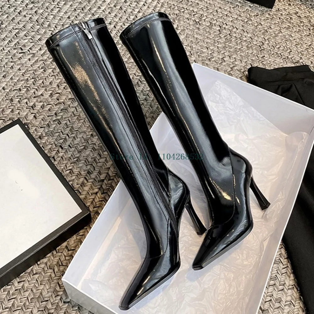 

Laser Shining Over Modern Boots Pointed Toe Stiletto Zipper Knee High 2025 New Arrivals Leather Lining Flock Lining Boots