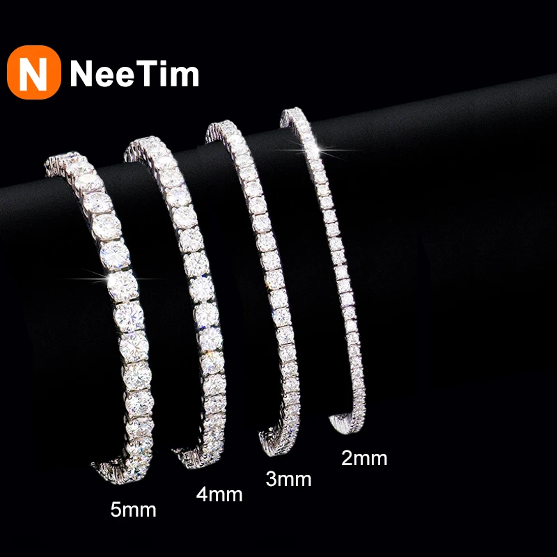 NeeTim 2mm 3mm 4mm 5mm Moissanite Tennis Bracelet 925 Sterling Silver with White Gold Plated Sparkling Bracelet for Women Man