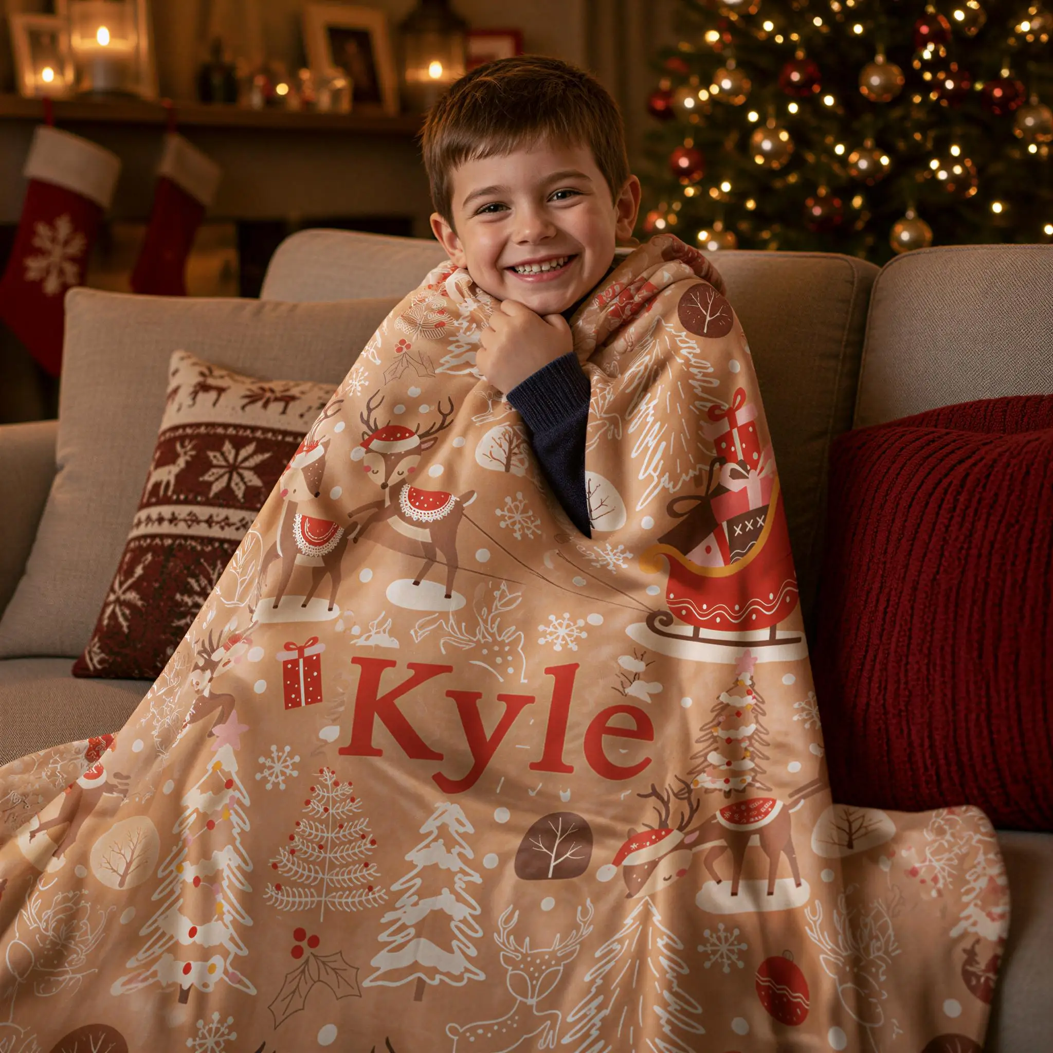 Custom Name Reindeer Christmas Blanket, Personalized Throw Blanket, Baby First Christmas Keepsake Gift
