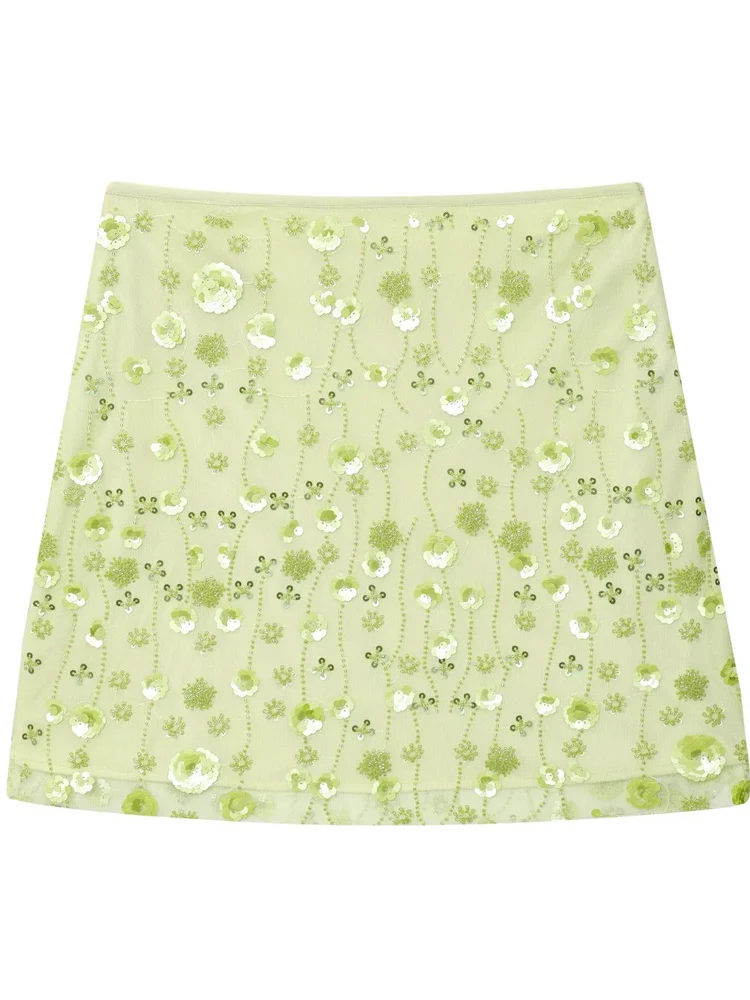 

Faionable Me See-tough ort f Skirt with 3d Flower Bead Decoration High Waist A-line Slim Fit Ladies Skirt