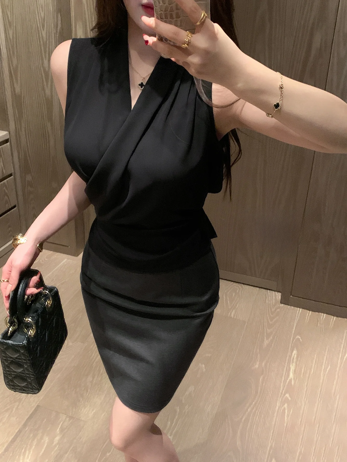 

Black V-neck Cross Wrap Sleeveless Shirt Commute Elegant Slimming Waist Design French Style Loose Fit Polyester Fiber
