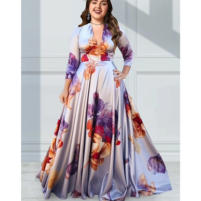 Floral Printing Women Plus Size Empire Maxi Dresses Elegant Multicolor V Neck 3/4 Sleeve Long Dress Party Wedding Evening Dress