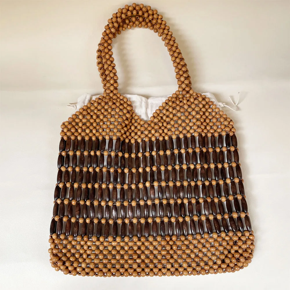 

Handmade Beaded Bag Hollow Out Handwoven Wooden Bead Handbag Clutch Purses for Women with A Inner Bag