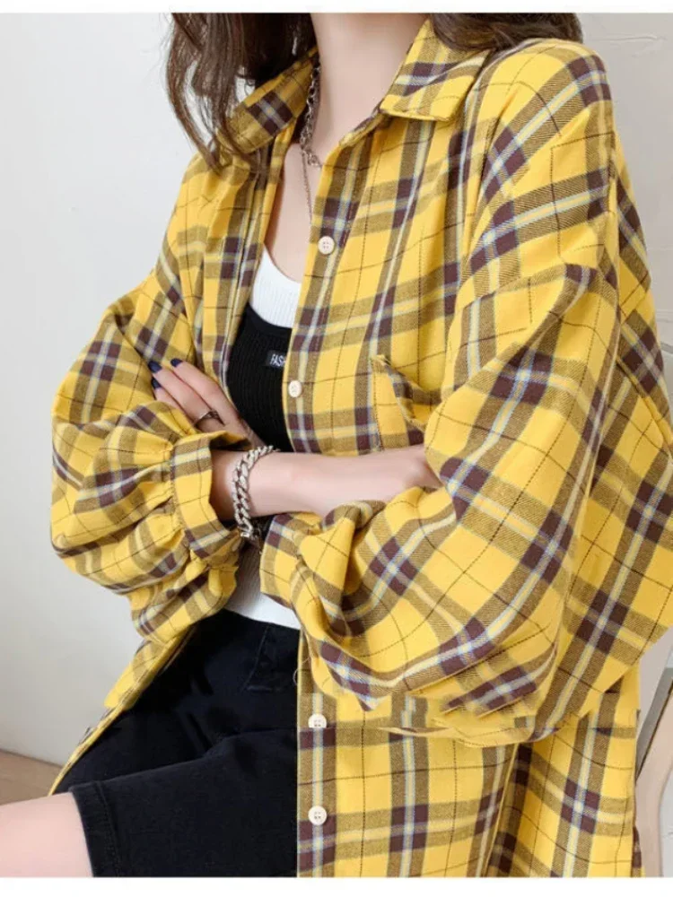 Fashion Plaid Button Up Shirts Women Spring New Oversize Long Sleeve Tops Female Harajuku Daily All-match Chic Yellow Blouse Y2k