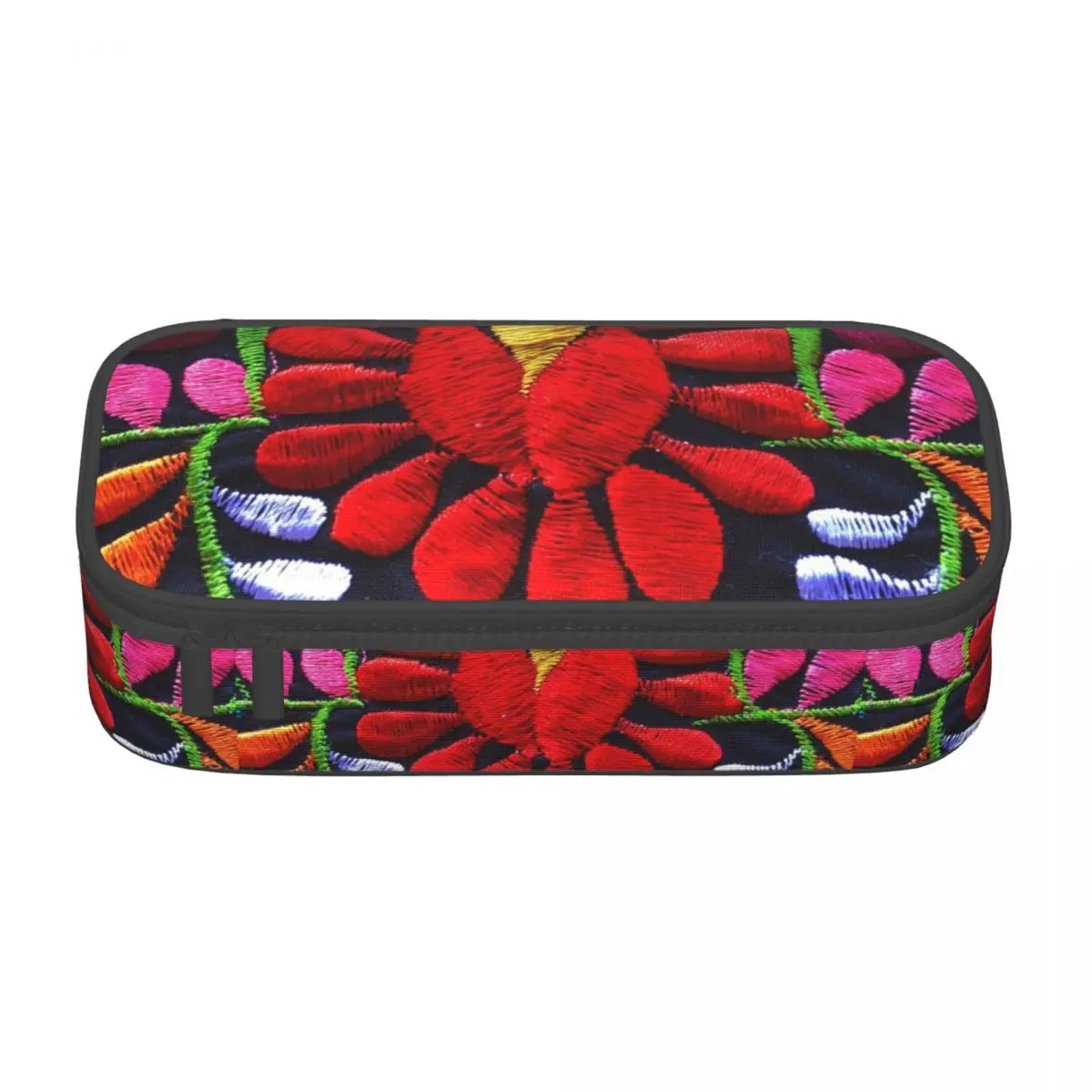 Customized Mexican Fiesta Flowers Art Kawaii Pencil Case Large Capacity Textile Embroidery Pencil Bag Students Stationery