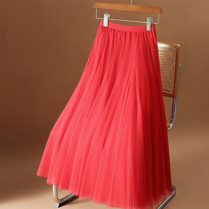 Mesh Long Skirt Women Red Summer Elegant Voile Sweet Solid A-Line High Waist Skirt Fashion Skinny Basic Korean Lady Tulle Dress