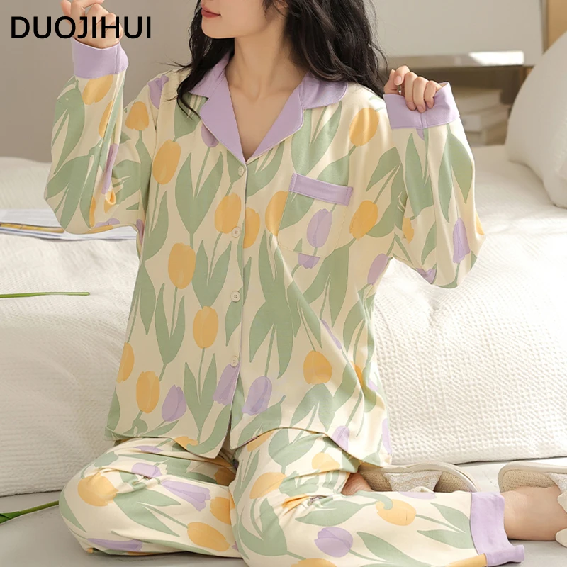 DUOJIHUI Chic with Chest Pad Loose Female Pajamas Set Fashion Floral Printed Casual Cardigan Basic Pant Simple Pajamas for Women