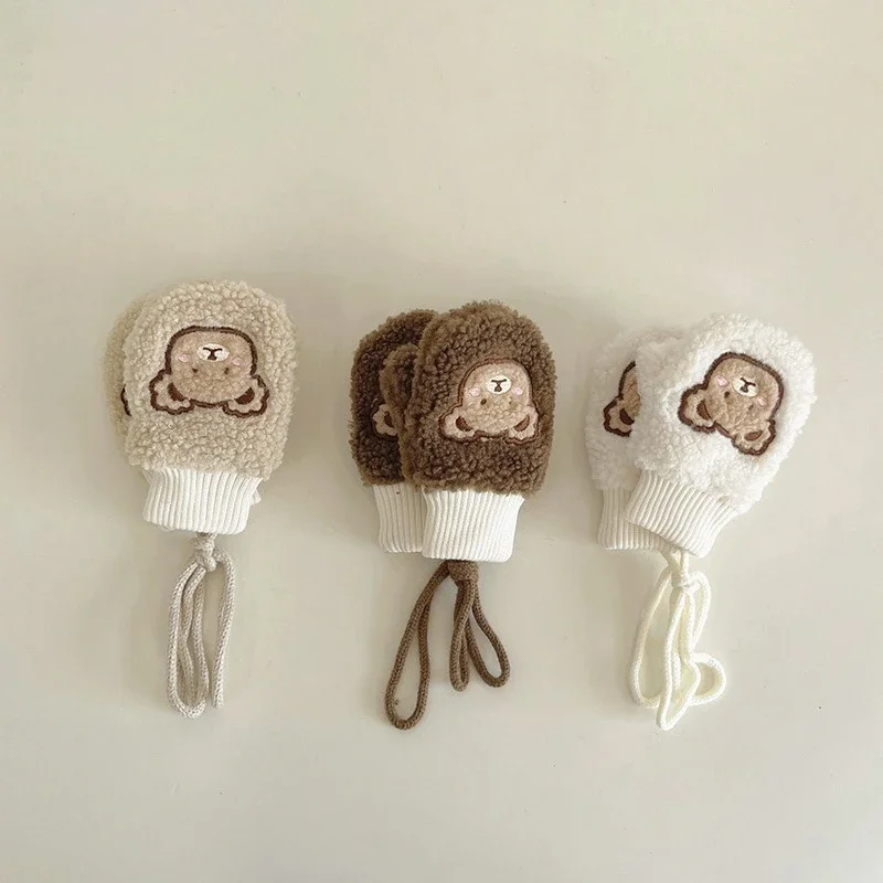 

Korean Version Cartoon Bear Fleece Gloves - 3-6Y Thickened Warm Full-Finger Neck-Hanging Baby Gloves for Boys & Girls