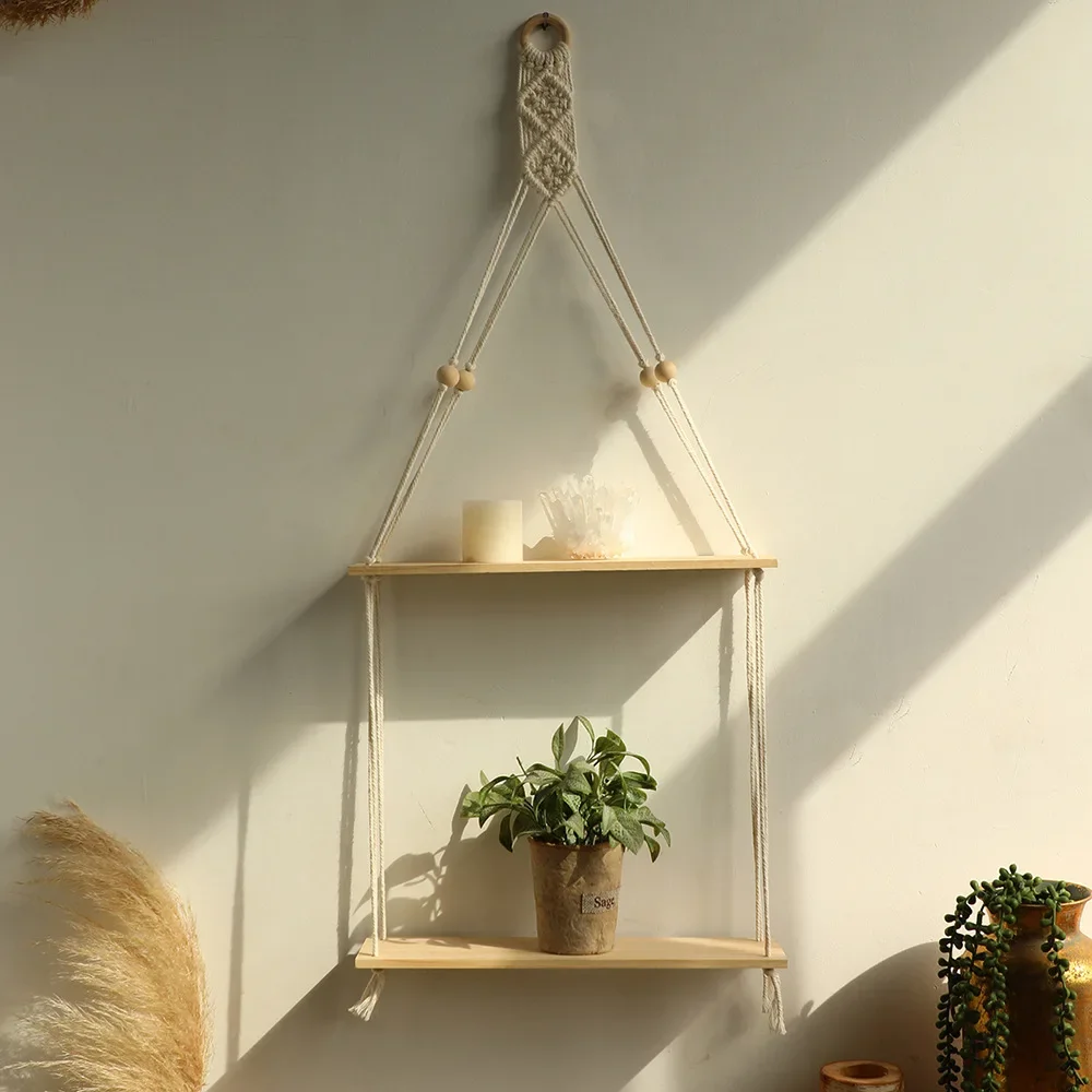 

Storage rack cotton rope hand-woven double shelves living room bedroom shelves hanging wall decorative hangings