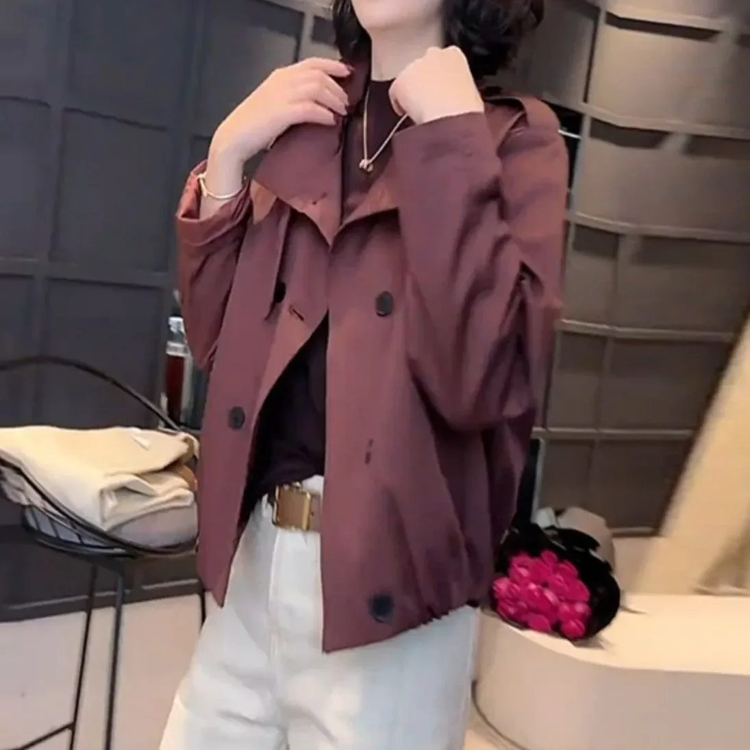 High-End Casual Short Trenchcoat Jacket Outwear Women 2026 Spring New Loose Slimming All-match Fashion Stylish Collar Coat Tops