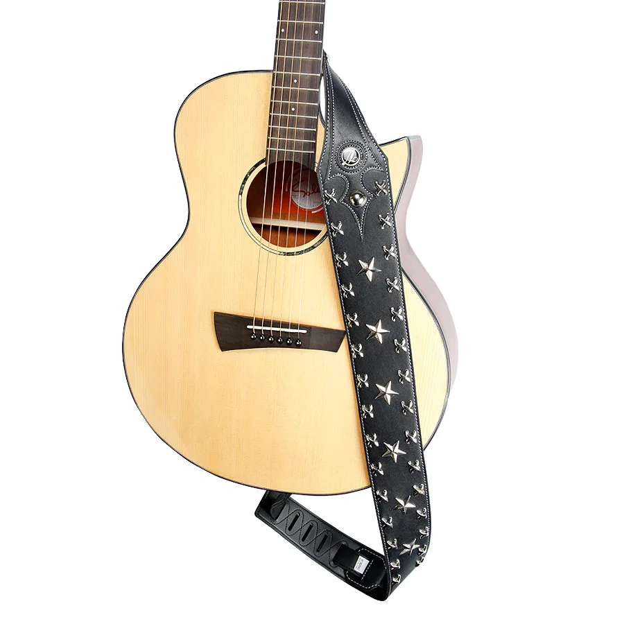 YUEKO Metal Rock Front Leather Material 32NDD Series Soft and Durable Acoustic Guitar Strap with Metal Rivet Personality Widen
