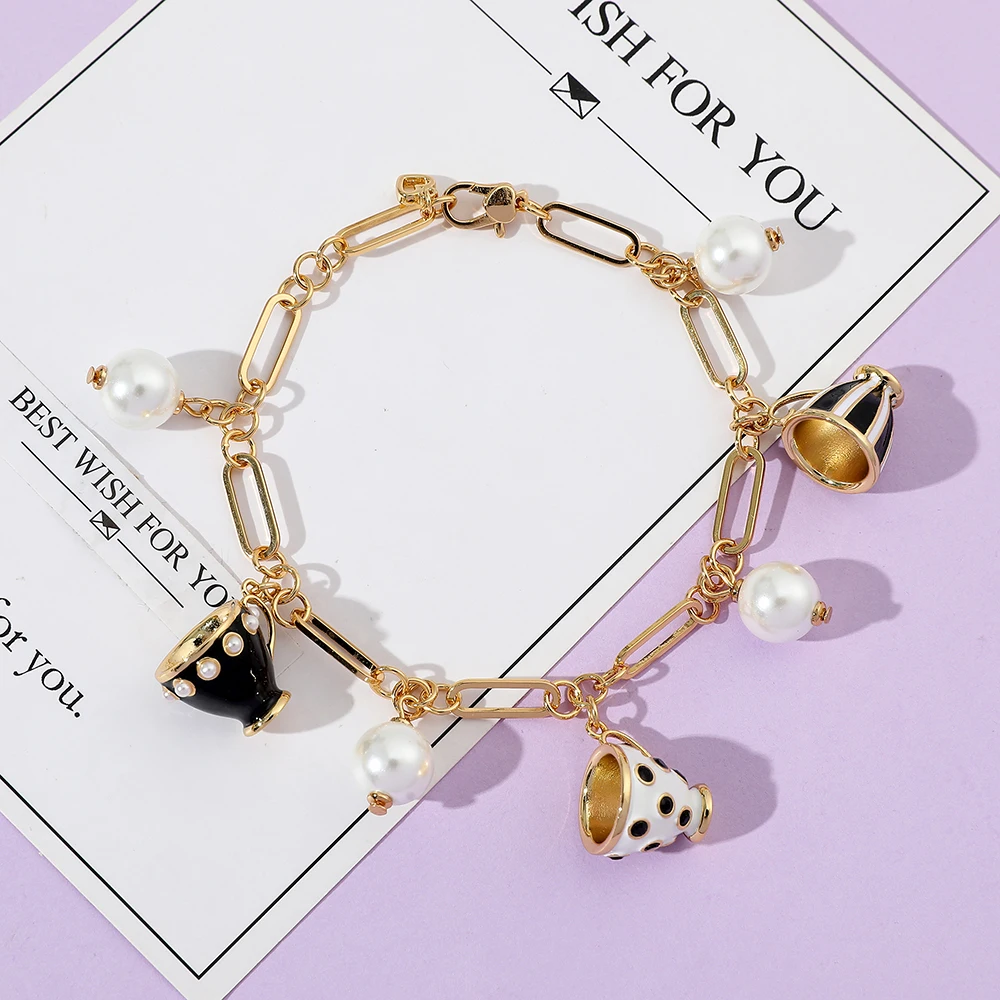 Creative Coffee Cup Shape Bracelet Elegant Imitation Pearl Chain Bracelet for Women Girl Aesthetic Fashion Jewelry Gift